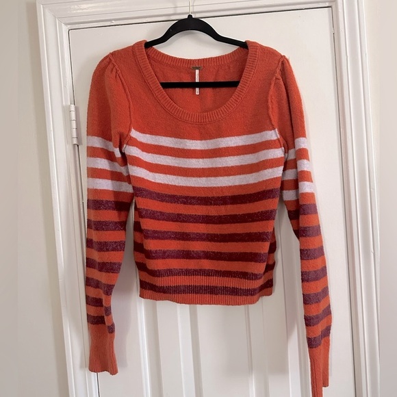 Free People Complete Me Alpaca Blend Orange Plum Striped Long Sleeve Sweater XS - Picture 3 of 7